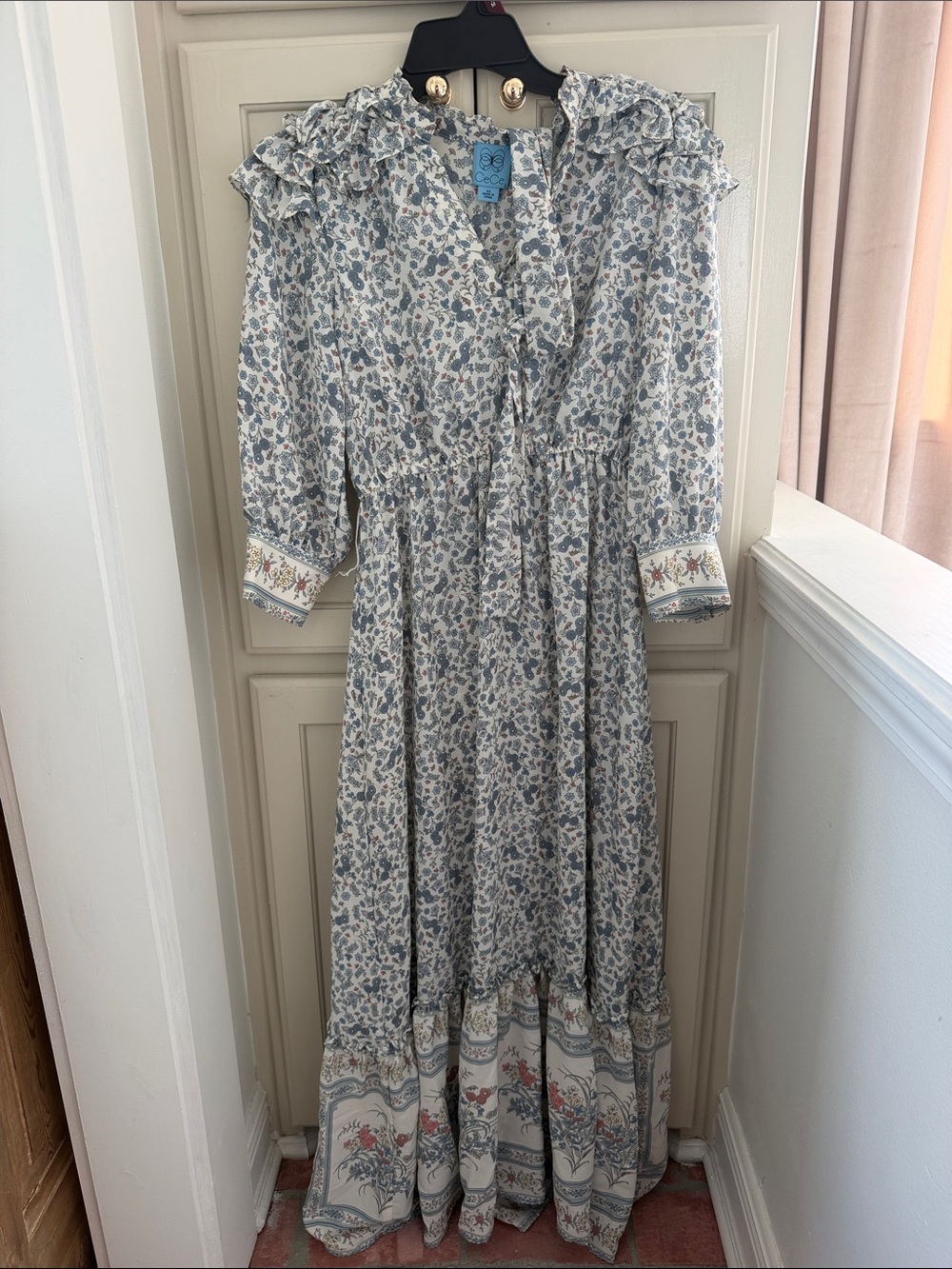 CeCe Blue and Cream Floral Ruffle Maxi Dress